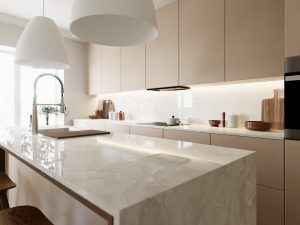 Modern kitchen with quartz countertops, stainless appliances, and natural light
