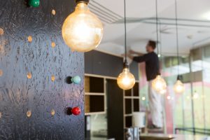 Modern renovated office space with natural lighting and wood finishes