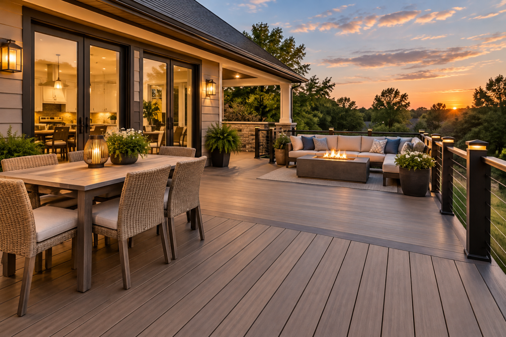 Modern composite deck with outdoor dining and seating areas, built for low-maintenance outdoor living.