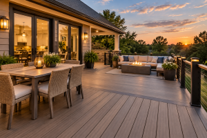 Modern composite deck with outdoor dining and seating areas, built for low-maintenance outdoor living.