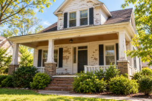 Fixer-upper home with peeling exterior paint and front porch ready for renovation.