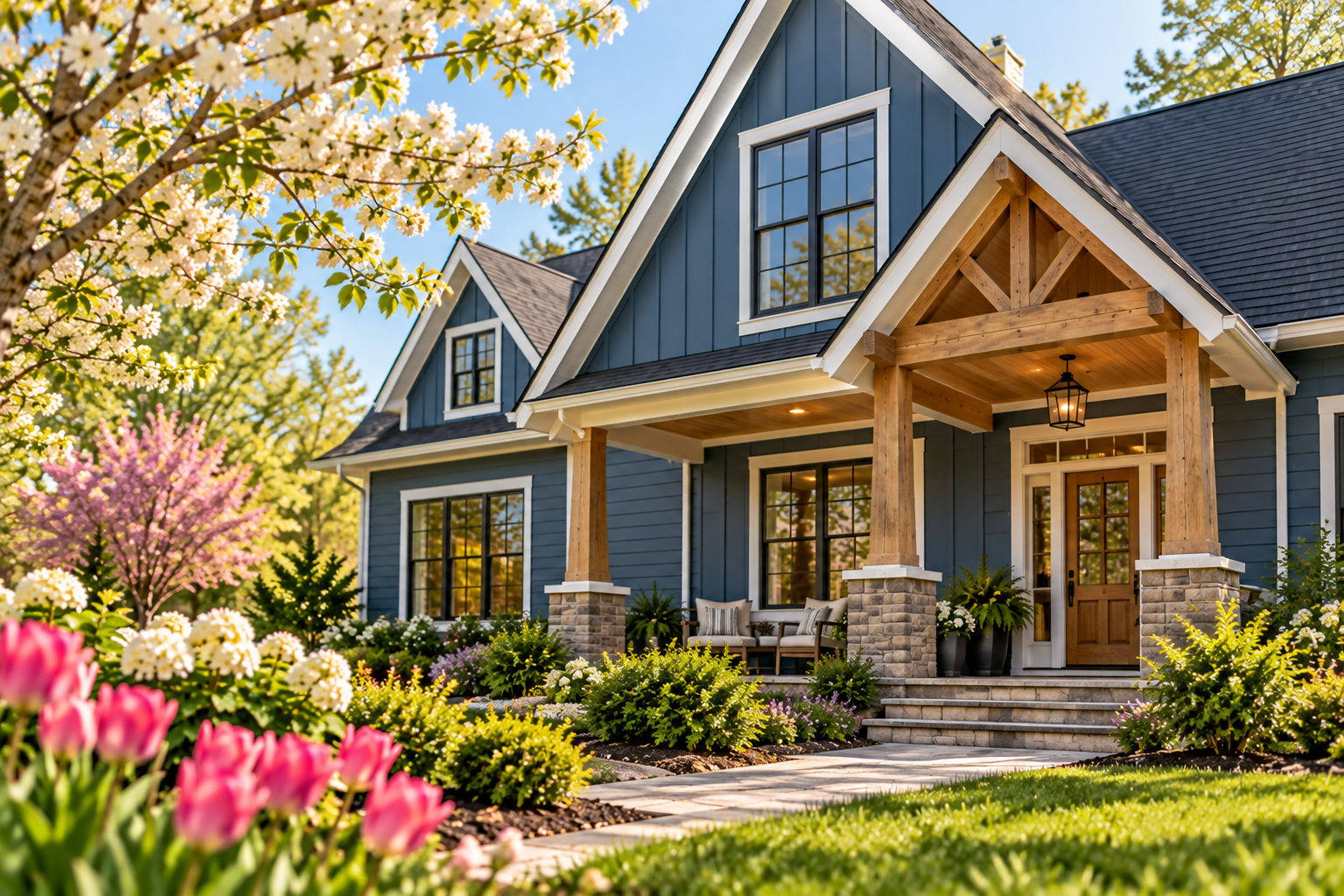 Blue home with front porch and spring landscaping ready for seasonal home improvement projects using a contractor
